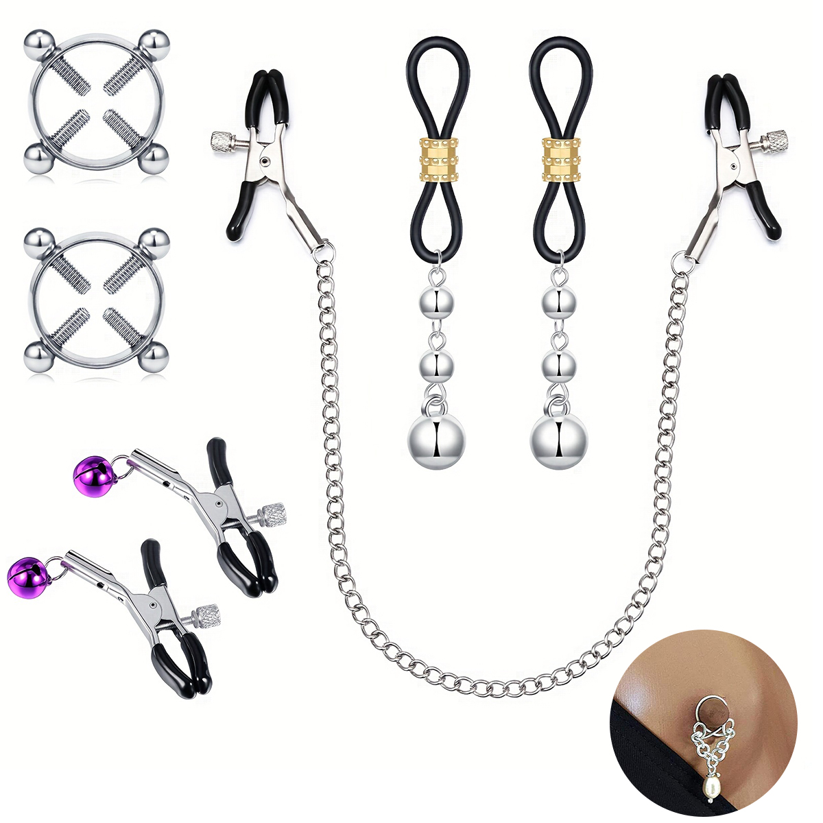 Body Jewelry Nipple Chain - Herren-Nippelring aus Edelstahl, Blumenglocken-Anhänger, Kugelkette, Dekor,