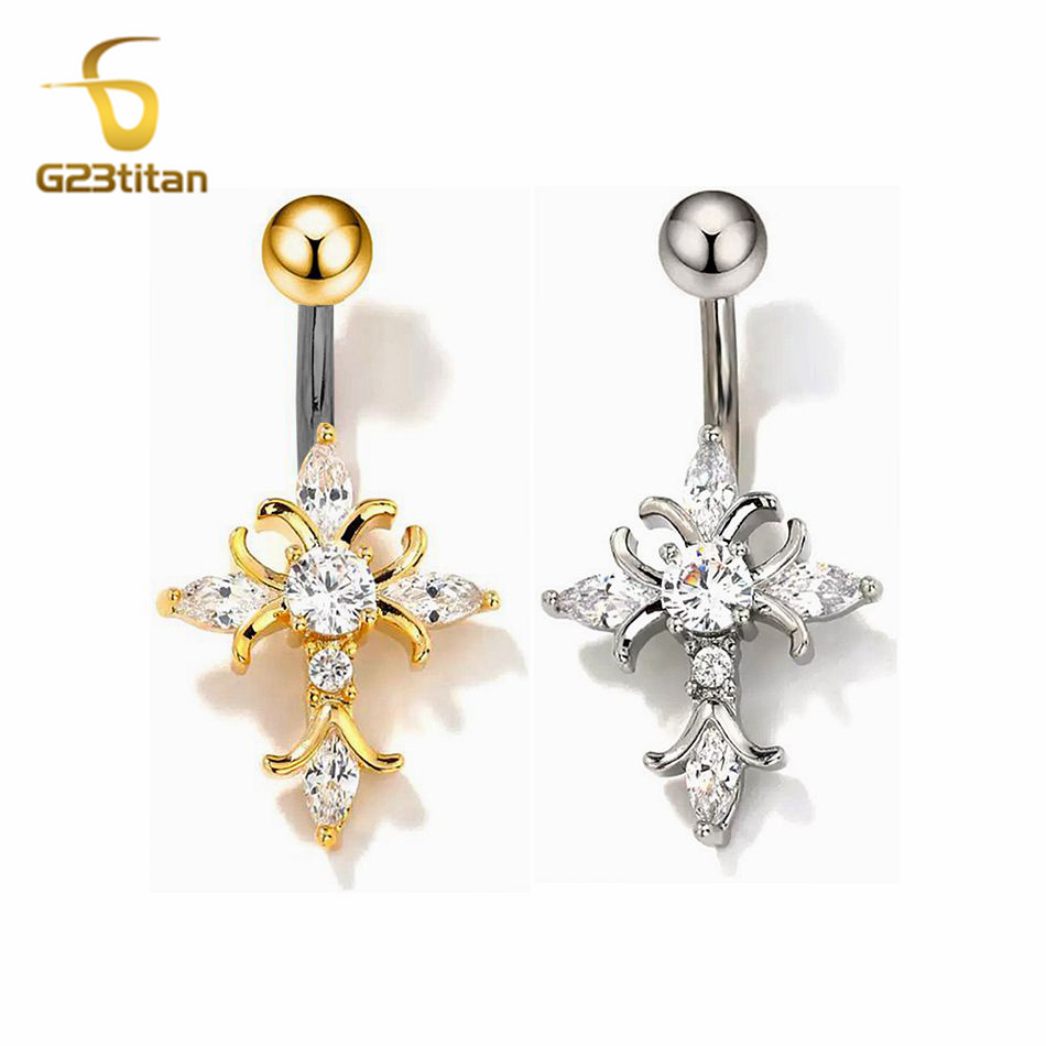 Belly Bar Titanium - Zirkon-Kreuz Bauchnabelpiercing 14G F136 Titan Gebogene