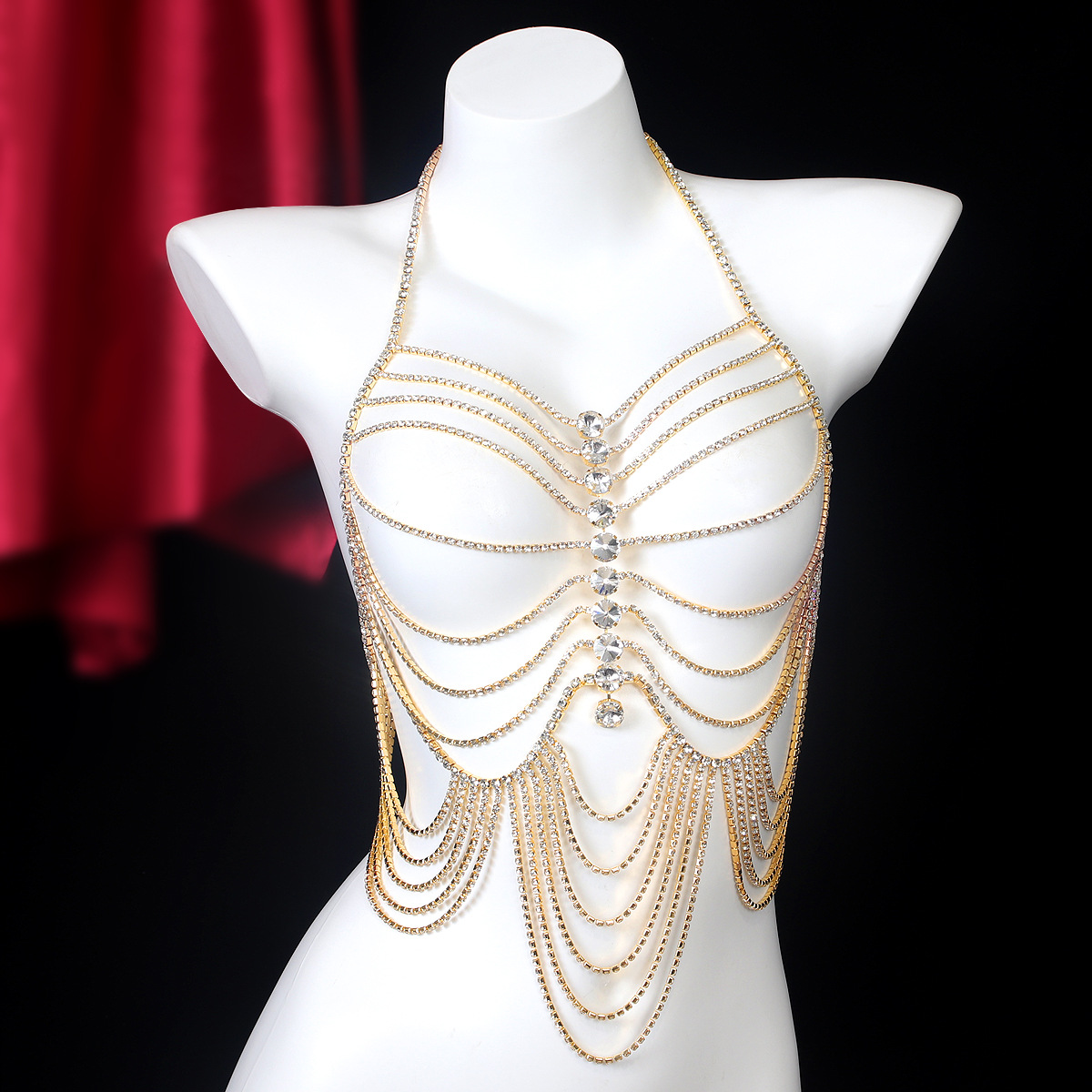 Body Jewelry Gold - Luxuriöse Streifen Quasten Retro-Stil Strass Brust