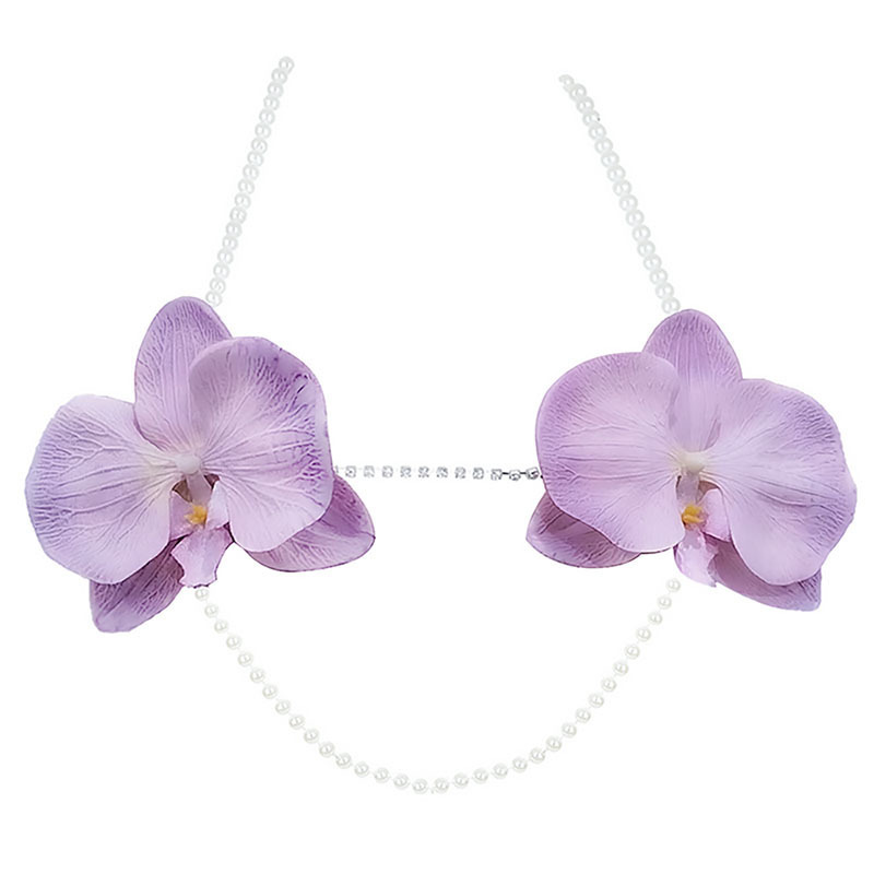 Body Jewelry Nipple Chain - Perlen-Körperkette mit lila Blumen-Nippelabdeckungen für Damen,