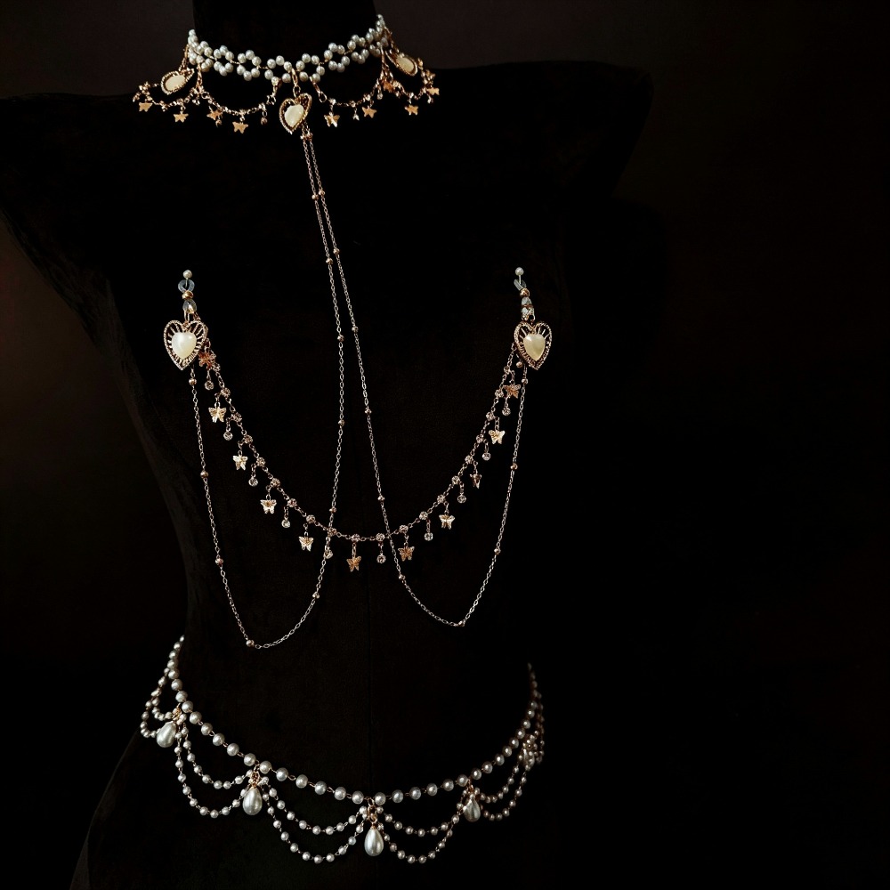 Body Jewelry Nipple Chain - Perlen-Choker Körperkette Strass-Schmetterling-Anhänger Nippelklemmen Stimulator Erotik-Spielzeug