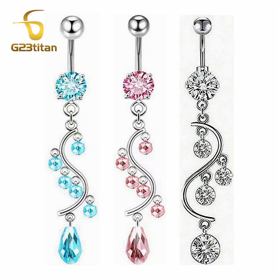 Belly Bar Titanium - Lange Quaste Bauch Ring Zirkone Hangling