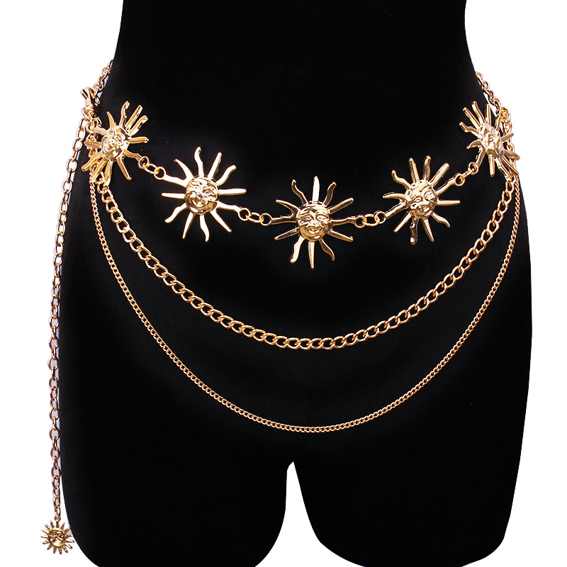 Body Jewelry For You - Klobige mehrschichtige Punk-Gothic-Mond-Sonnen-Taillenkette, Metall-Taillengürtel für Frauen,