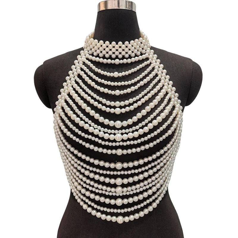 Body Jewelry Nipple Chain - 2026 Handgefertigte Weiße Perlen-Mehrschichtige Braut-Neckholder-Weste, Körperkette,