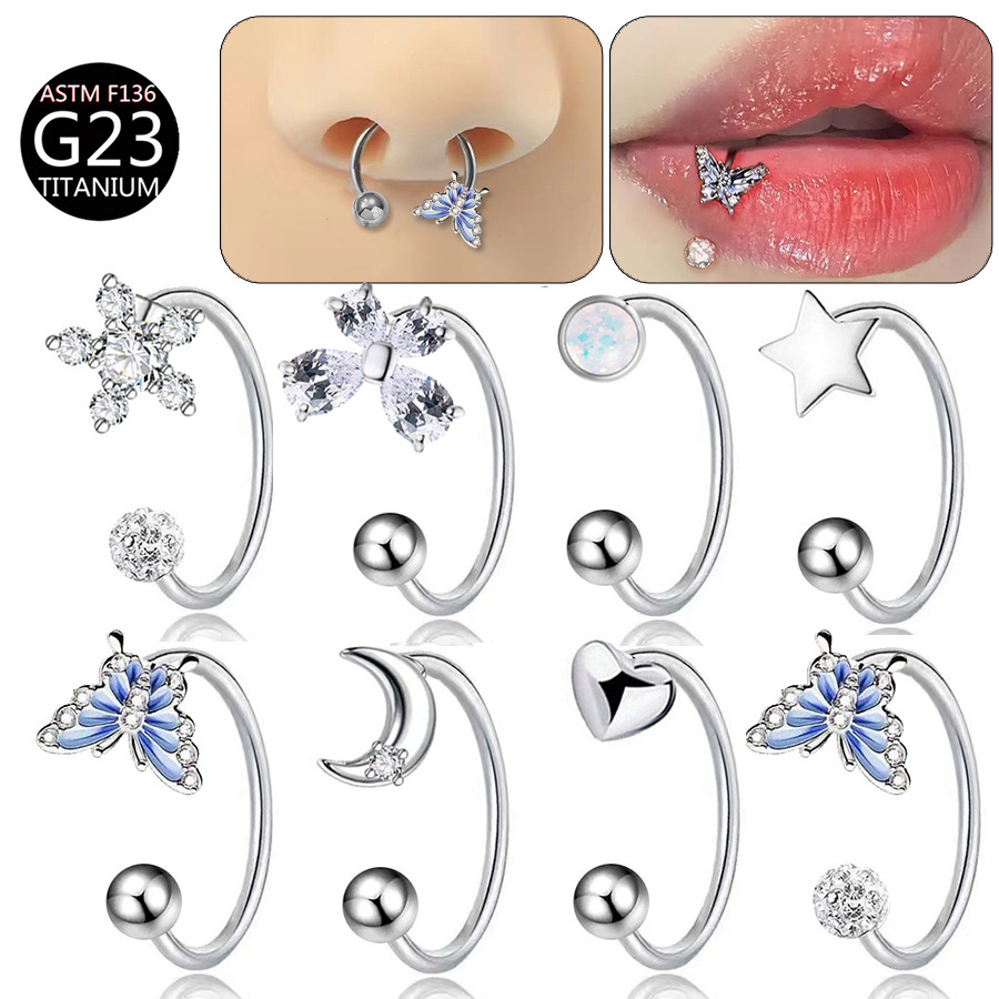 Body Jewelry Lip Ring - ASTM F136 Titan Schmetterlings-Lippenring, CZ-Blumen-Mond-Hufeisen-Ohrringe, zierlicher
